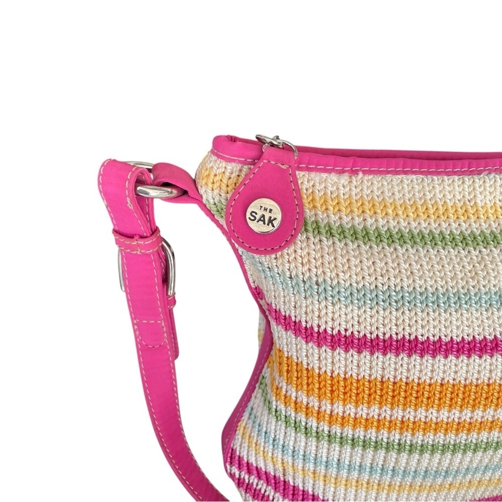 The Sak Rainbow Stripe Crochet Shoulder Bag Pink Trim Adjustable Strap - Picture 2 of 10